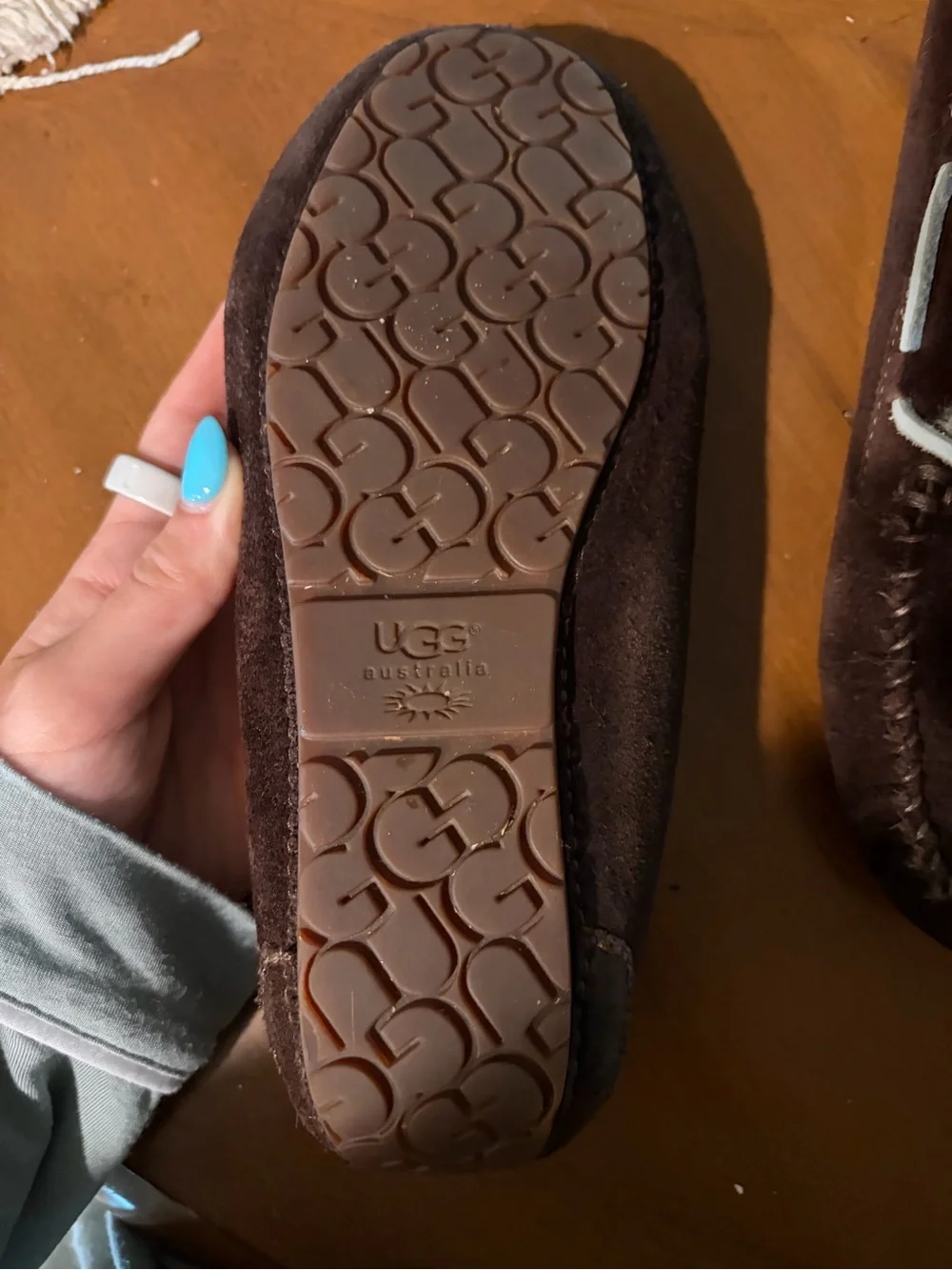 UGG Dark Brown Suede Shearling Lined Moccasins with Light Blue Laces